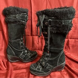 Aldo black y2k suede and faux fur contrast stitch gothic wedge snow winter boots